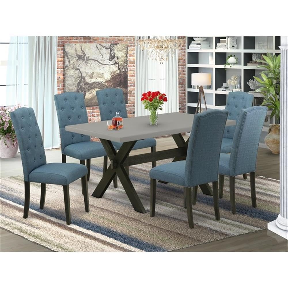 East West Furniture X696Ce121-7 7 Piece Dinette Set Consist Of A Rectangle Dining Room Table With X-Legs And 6 Mineral Blue Linen Fabric Upholstered Chairs, 36X60 Inch, Multi-Color